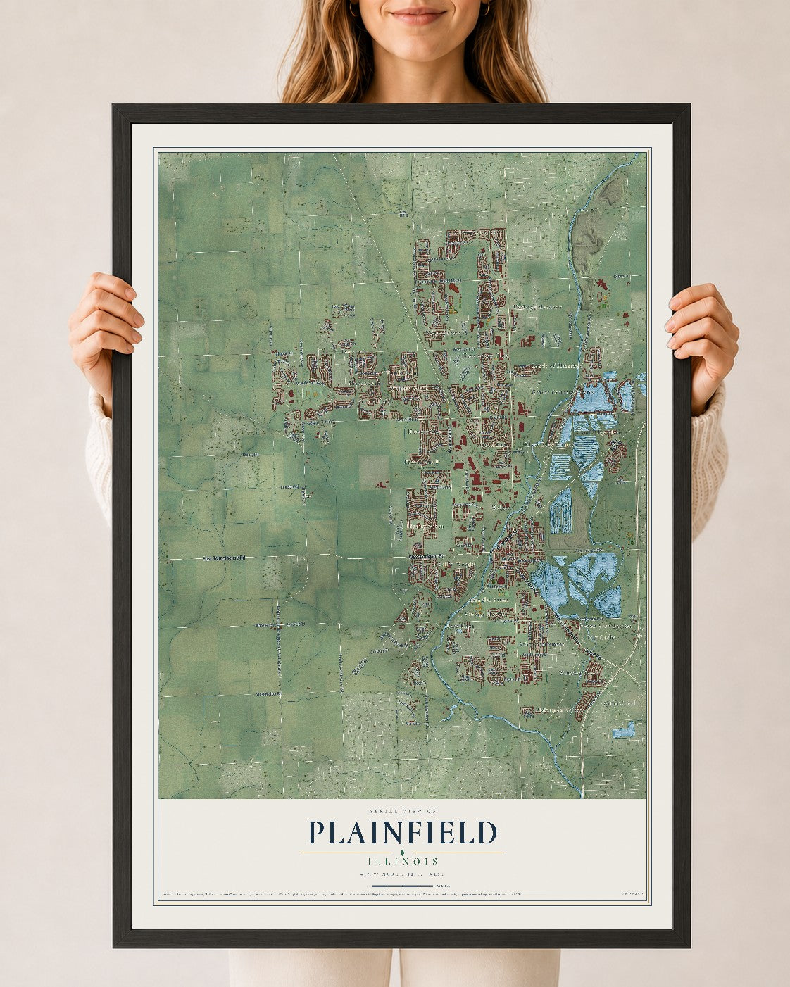 Map of Plainfield, Illinois, 24 x 36 inch print in a black wood frame