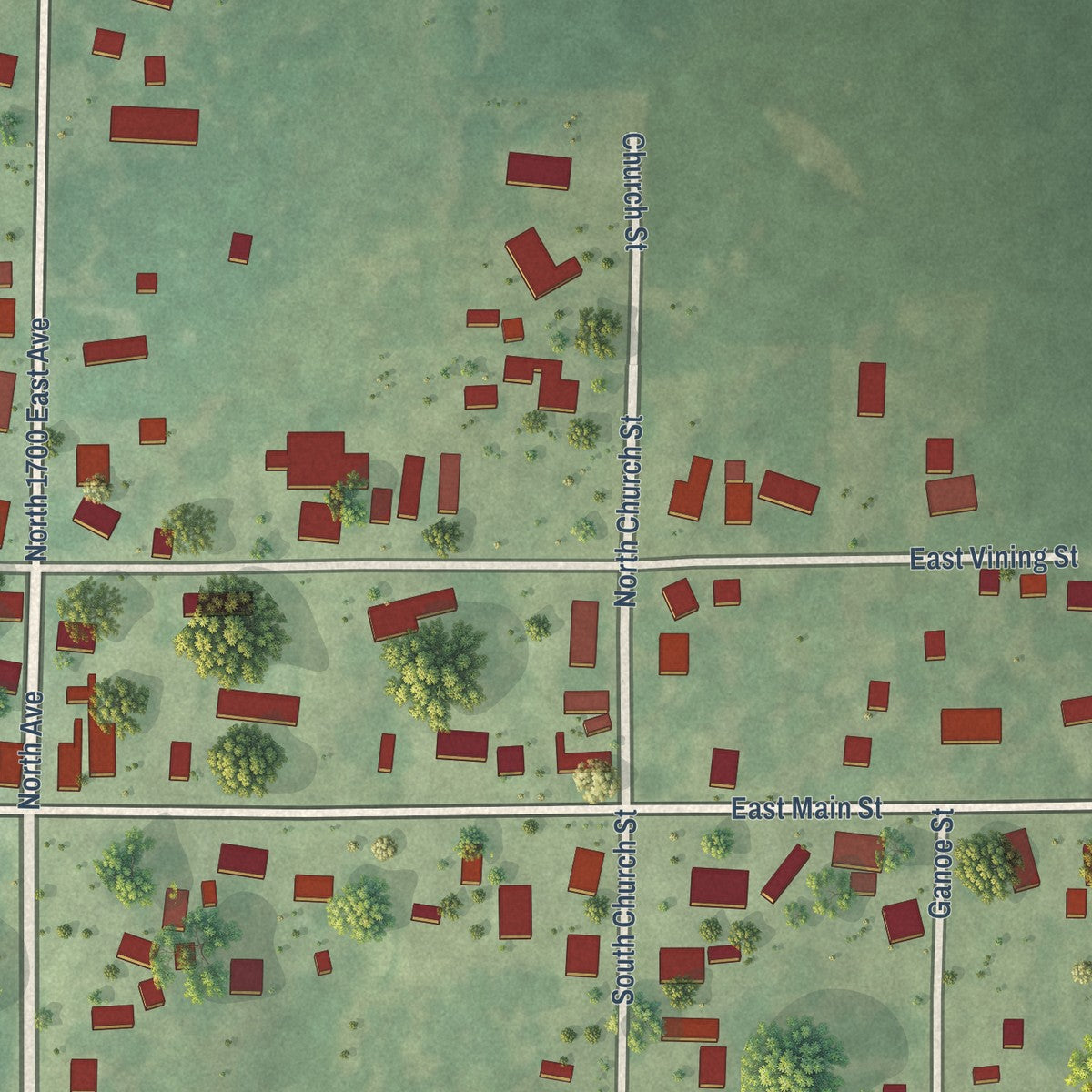 Close-up of the map of Plainville, Illinois print showing street and building detail
