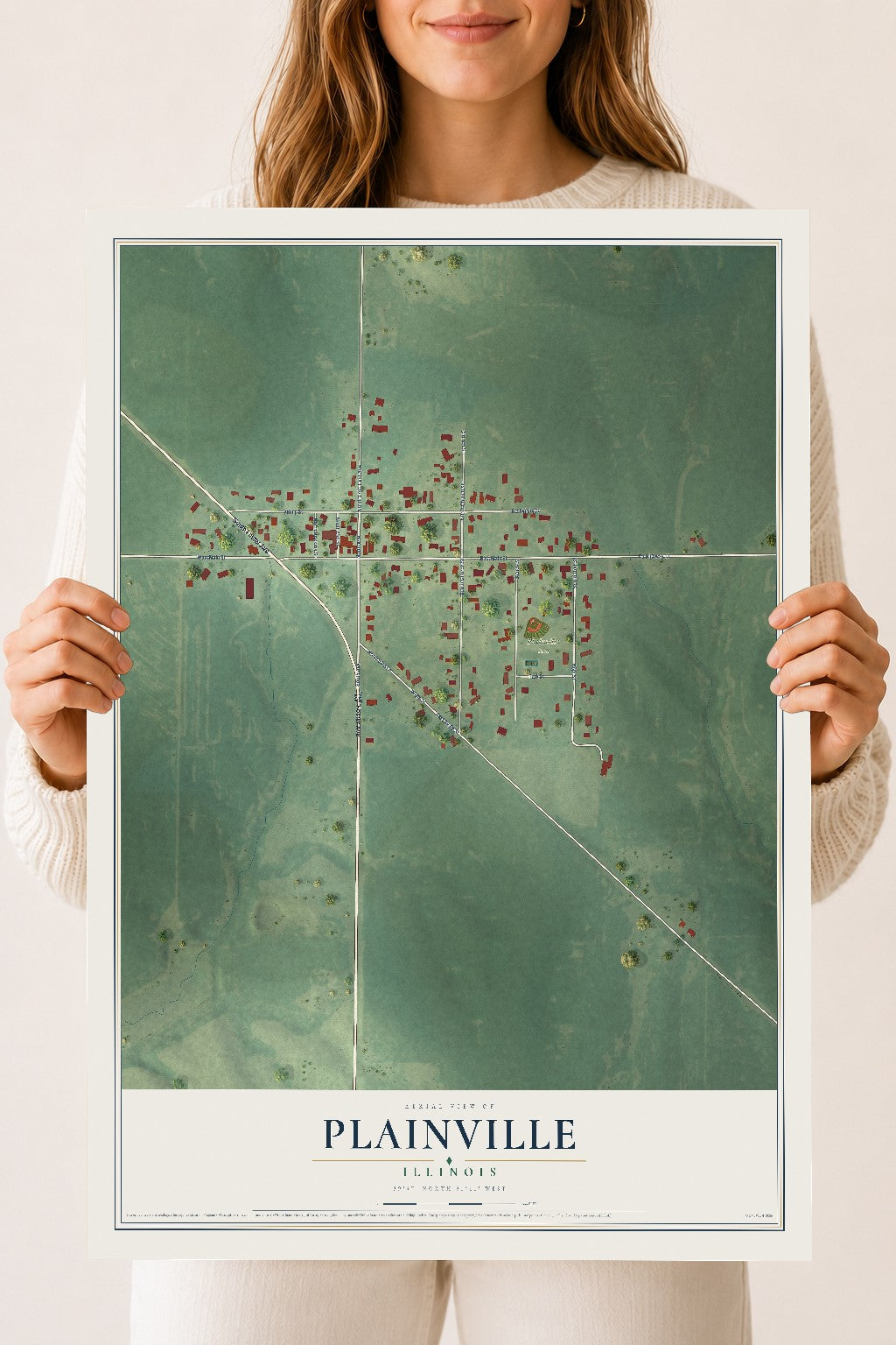 Map of Plainville, Illinois, 18 x 24 inch unframed archival matte print