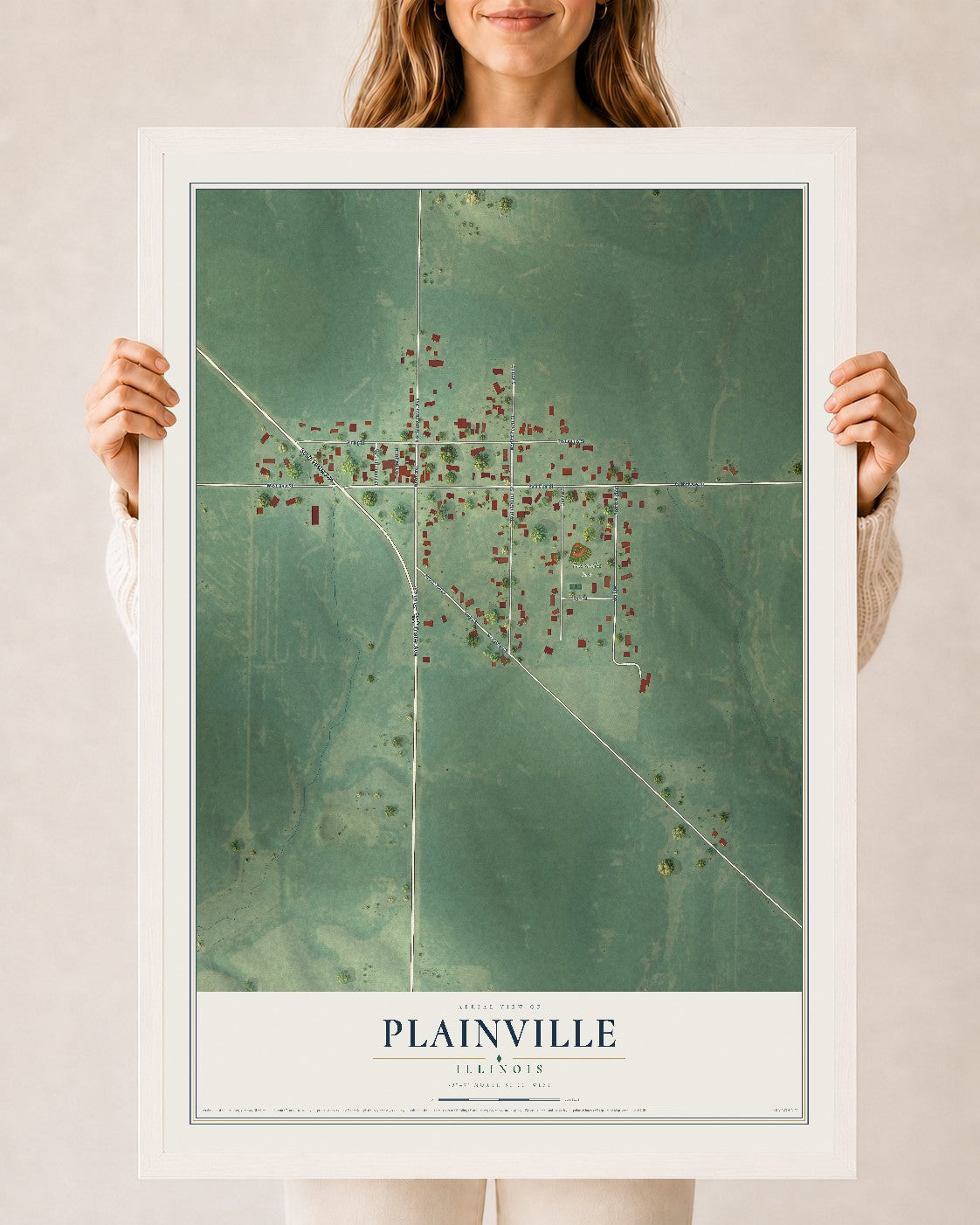 Map of Plainville, Illinois, 24 x 36 inch print in a white wood frame