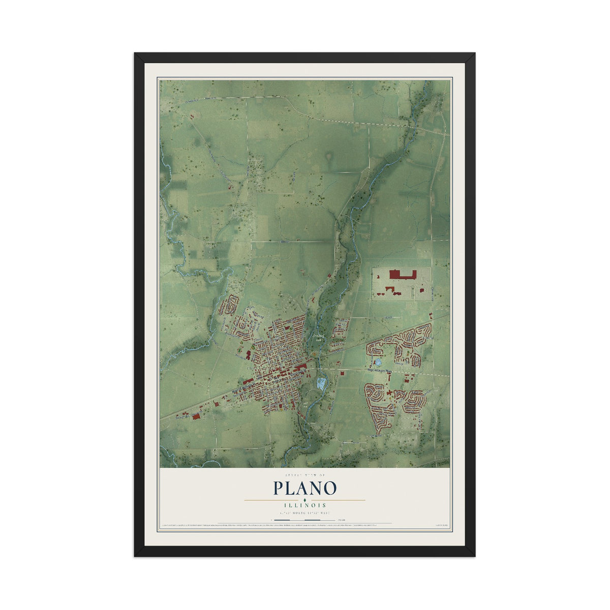 Map of Plano, Illinois, 12 x 18 inch print in a black wood frame