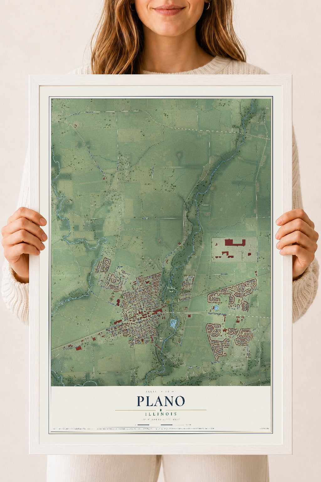 Map of Plano, Illinois, 18 x 24 inch print in a white wood frame