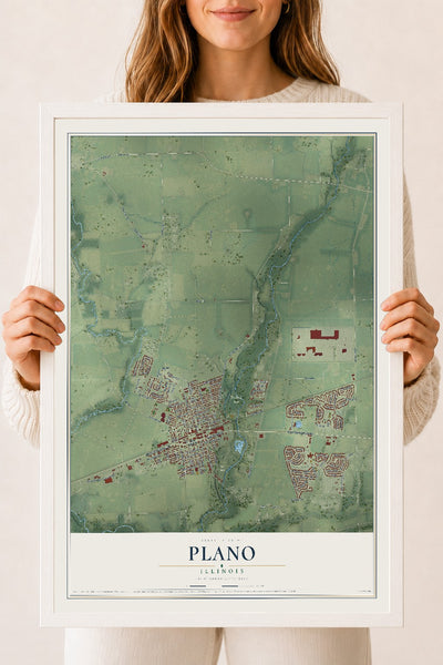 Map of Plano, Illinois, 18 x 24 inch print in a white wood frame