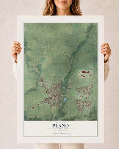 Map of Plano, Illinois, 24 x 36 inch print in a white wood frame