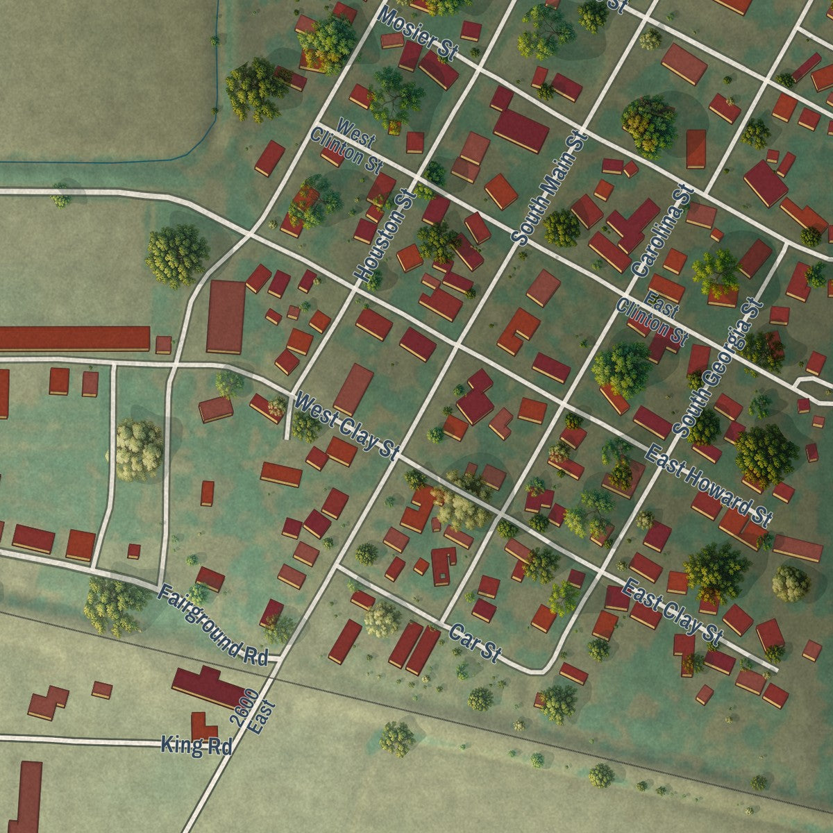 Close-up of the map of Pleasant Hill, Illinois print showing street and building detail