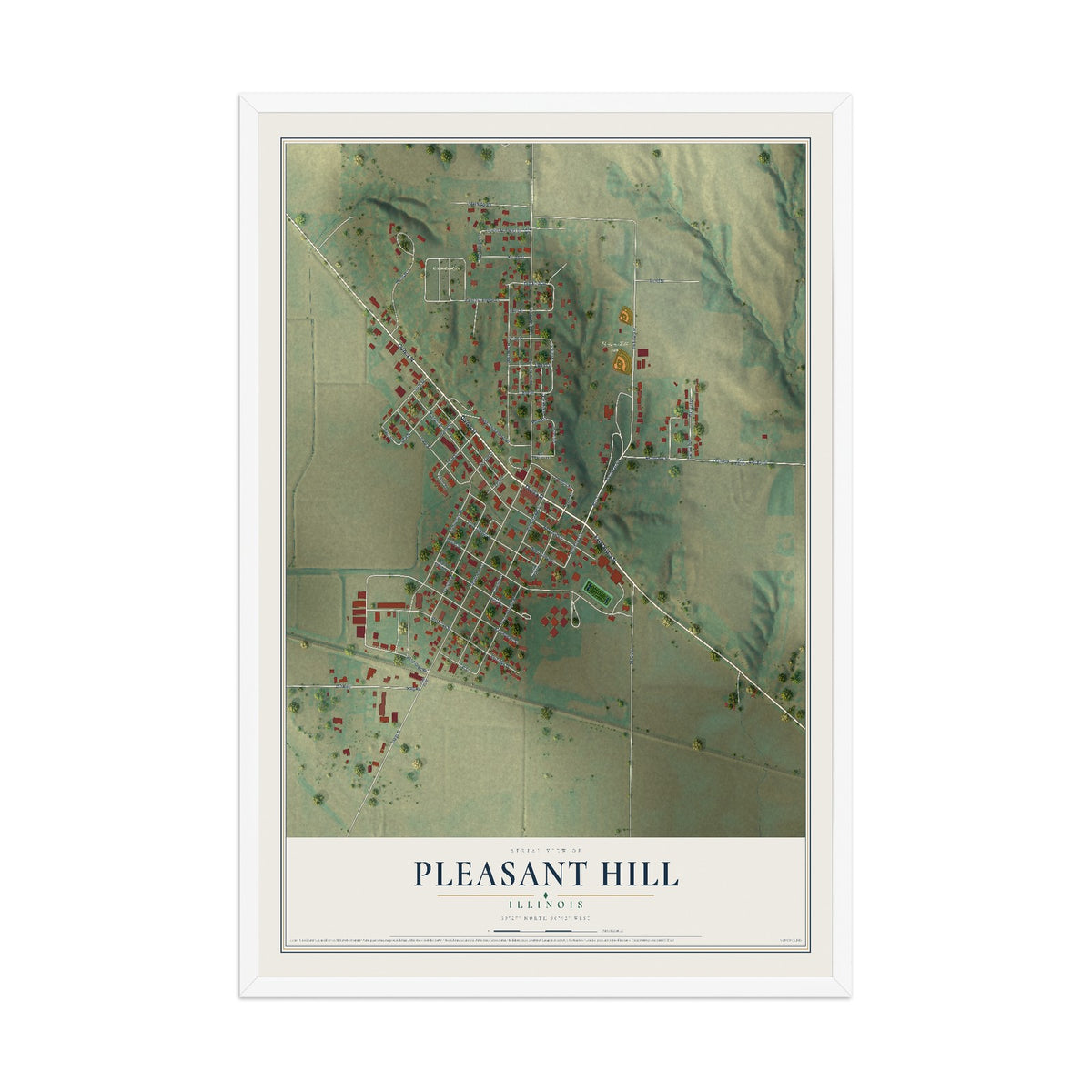 Map of Pleasant Hill, Illinois, 12 x 18 inch print in a white wood frame