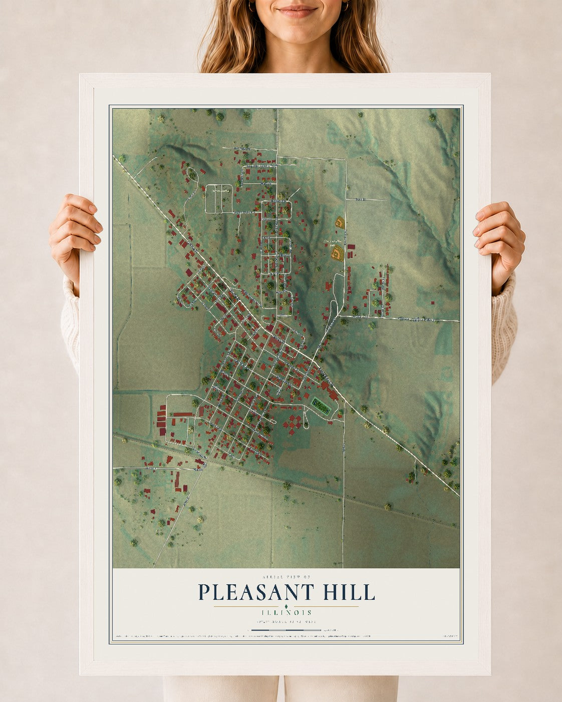 Map of Pleasant Hill, Illinois, 24 x 36 inch print in a white wood frame