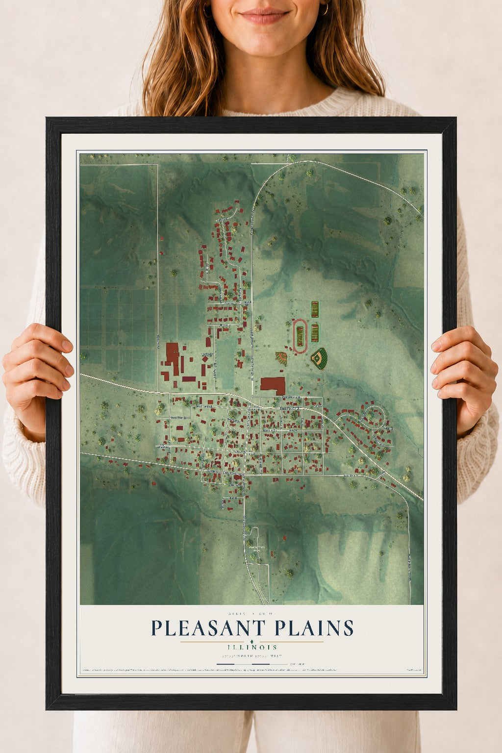 Map of Pleasant Plains, Illinois, 18 x 24 inch print in a black wood frame