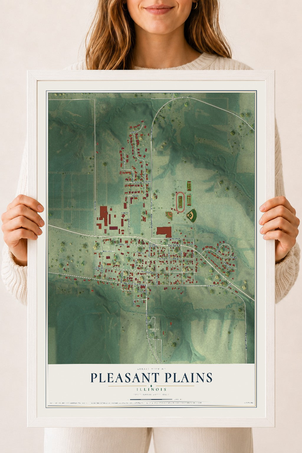 Map of Pleasant Plains, Illinois, 18 x 24 inch print in a white wood frame
