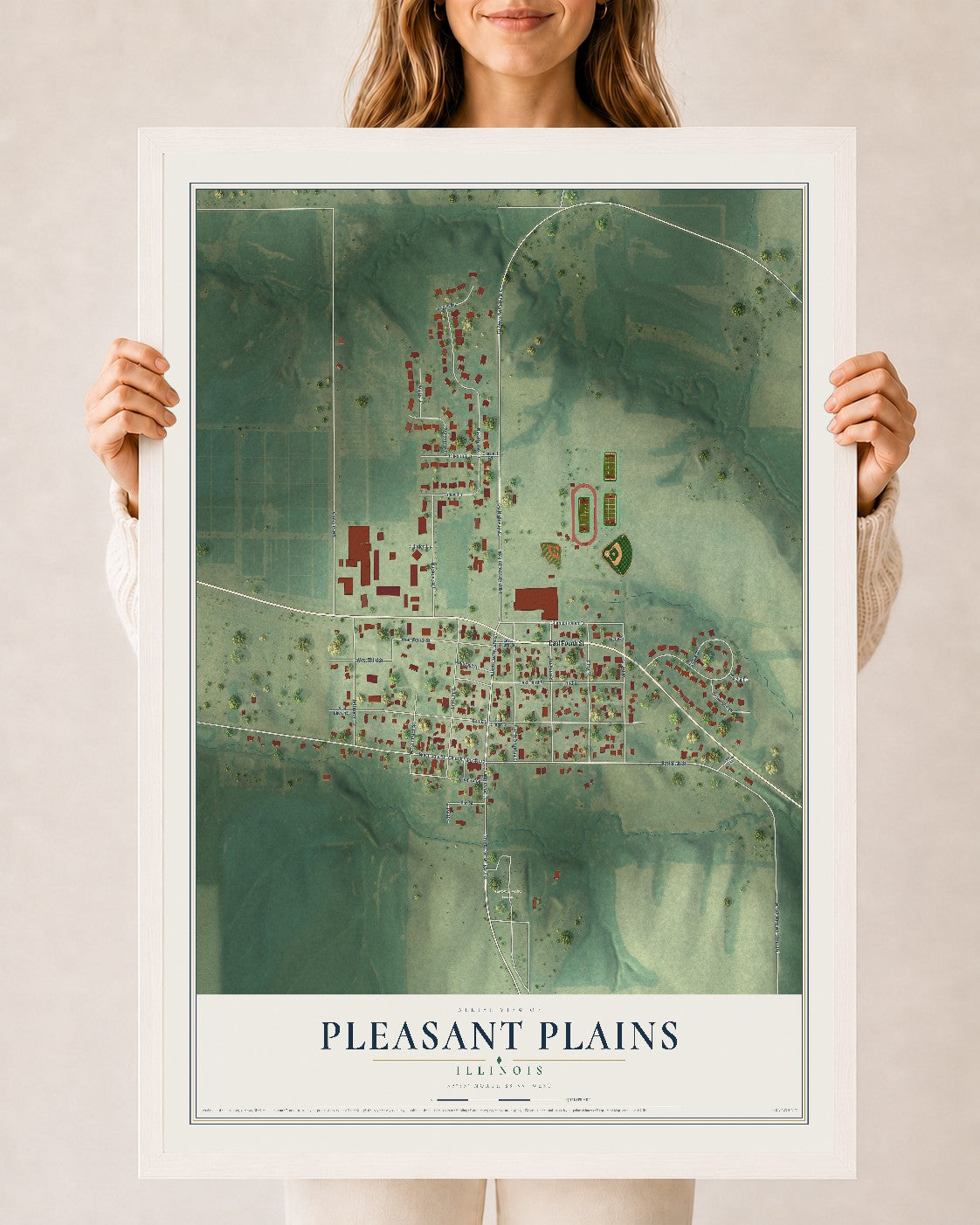 Map of Pleasant Plains, Illinois, 24 x 36 inch print in a white wood frame