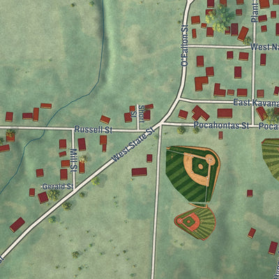 Second close-up of the map of Pocahontas, Illinois print showing more streets and buildings
