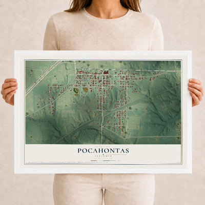 Map of Pocahontas, Illinois, 12 x 18 inch print in a white wood frame
