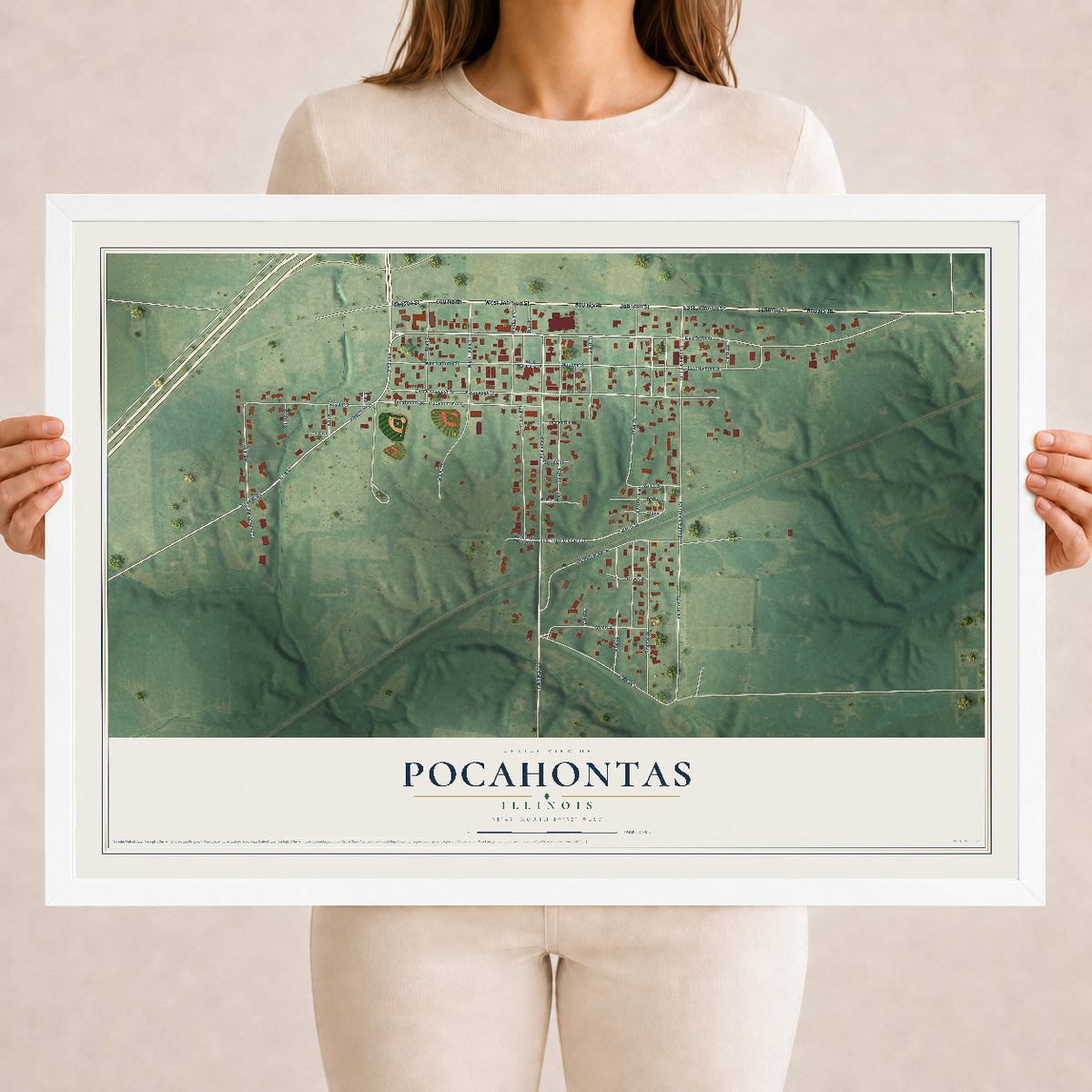 Map of Pocahontas, Illinois, 18 x 24 inch print in a white wood frame