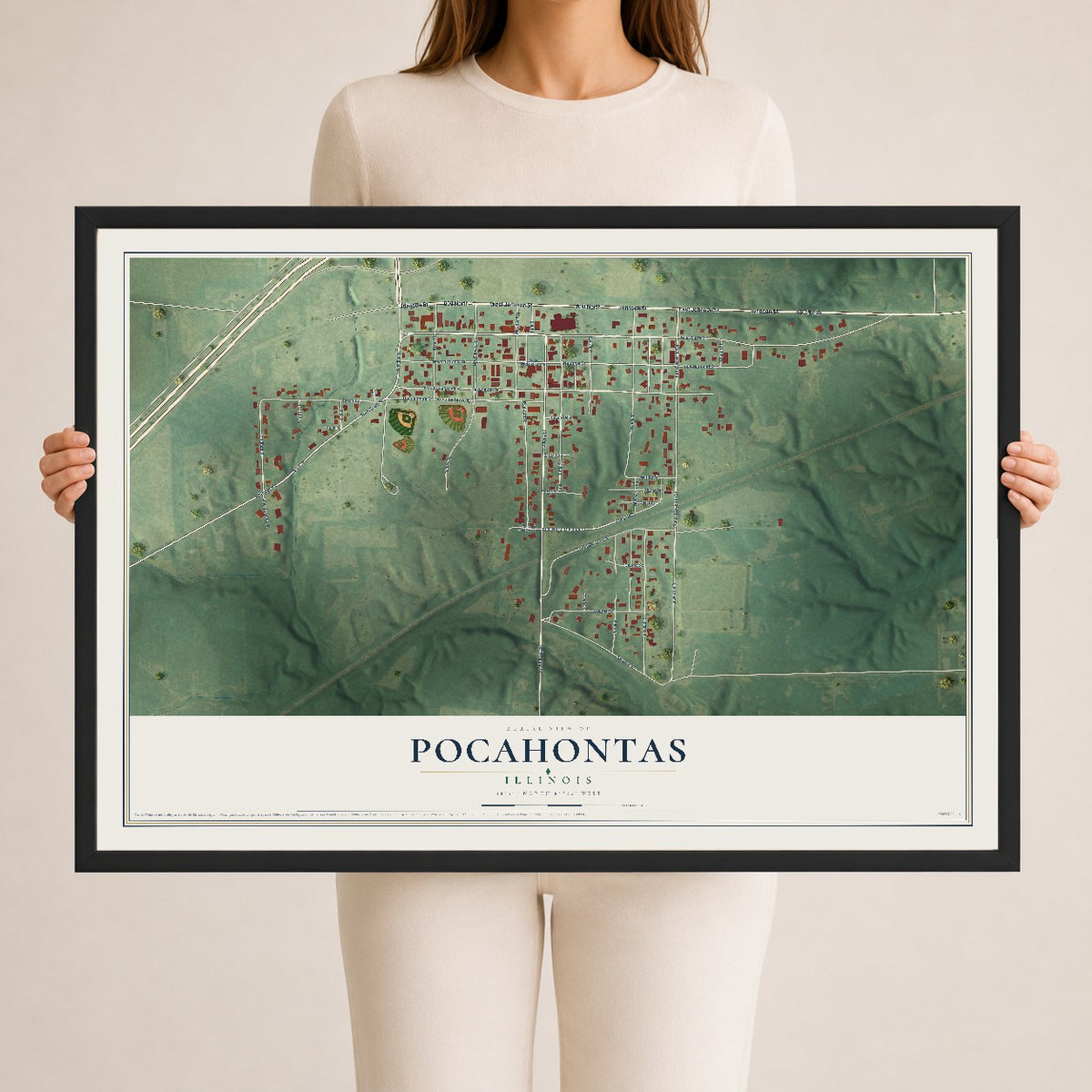 Map of Pocahontas, Illinois, 24 x 36 inch print in a black wood frame
