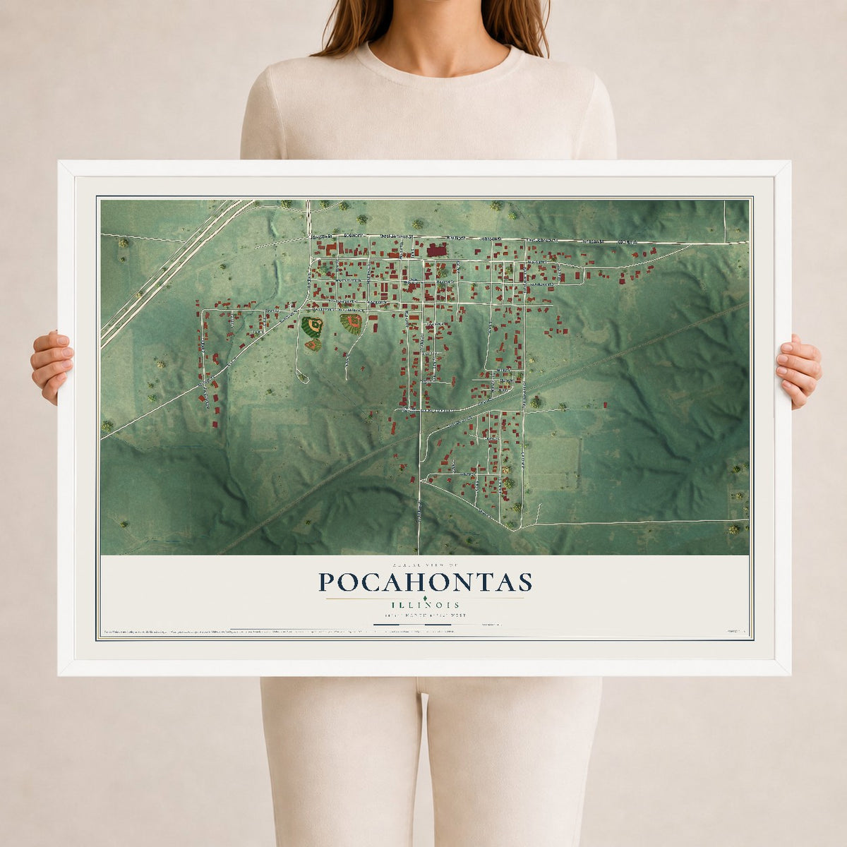 Map of Pocahontas, Illinois, 24 x 36 inch print in a white wood frame
