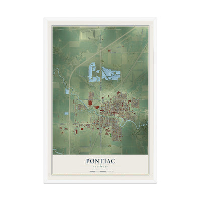 Map of Pontiac, Illinois, 12 x 18 inch print in a white wood frame