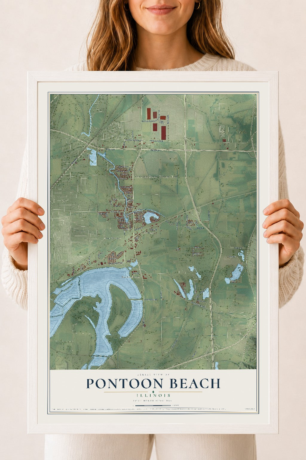 Map of Pontoon Beach, Illinois, 18 x 24 inch print in a white wood frame