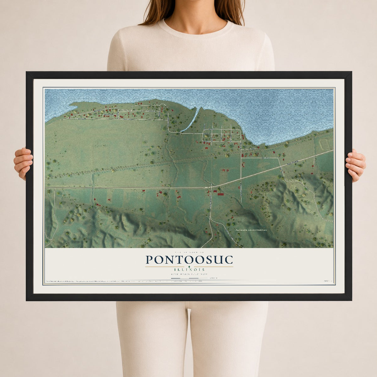 Map of Pontoosuc, Illinois, 24 x 36 inch print in a black wood frame