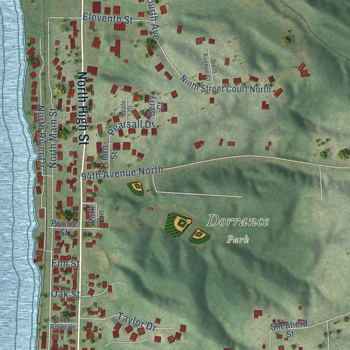 Second close-up of the map of Port Byron, Illinois print showing more streets and buildings
