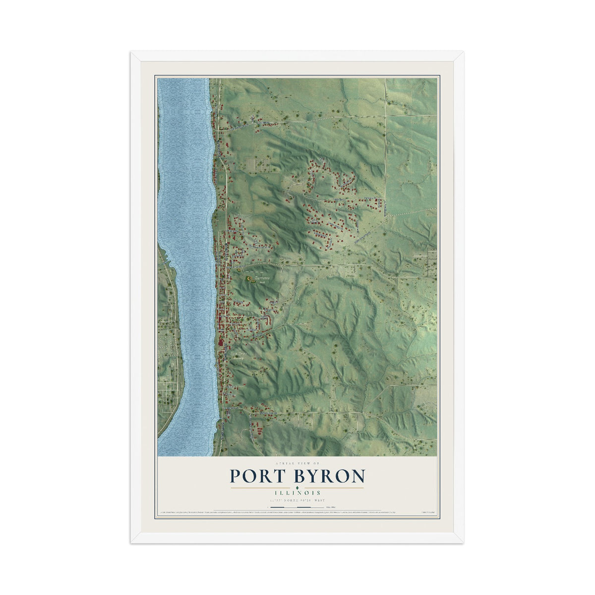 Map of Port Byron, Illinois, 12 x 18 inch print in a white wood frame