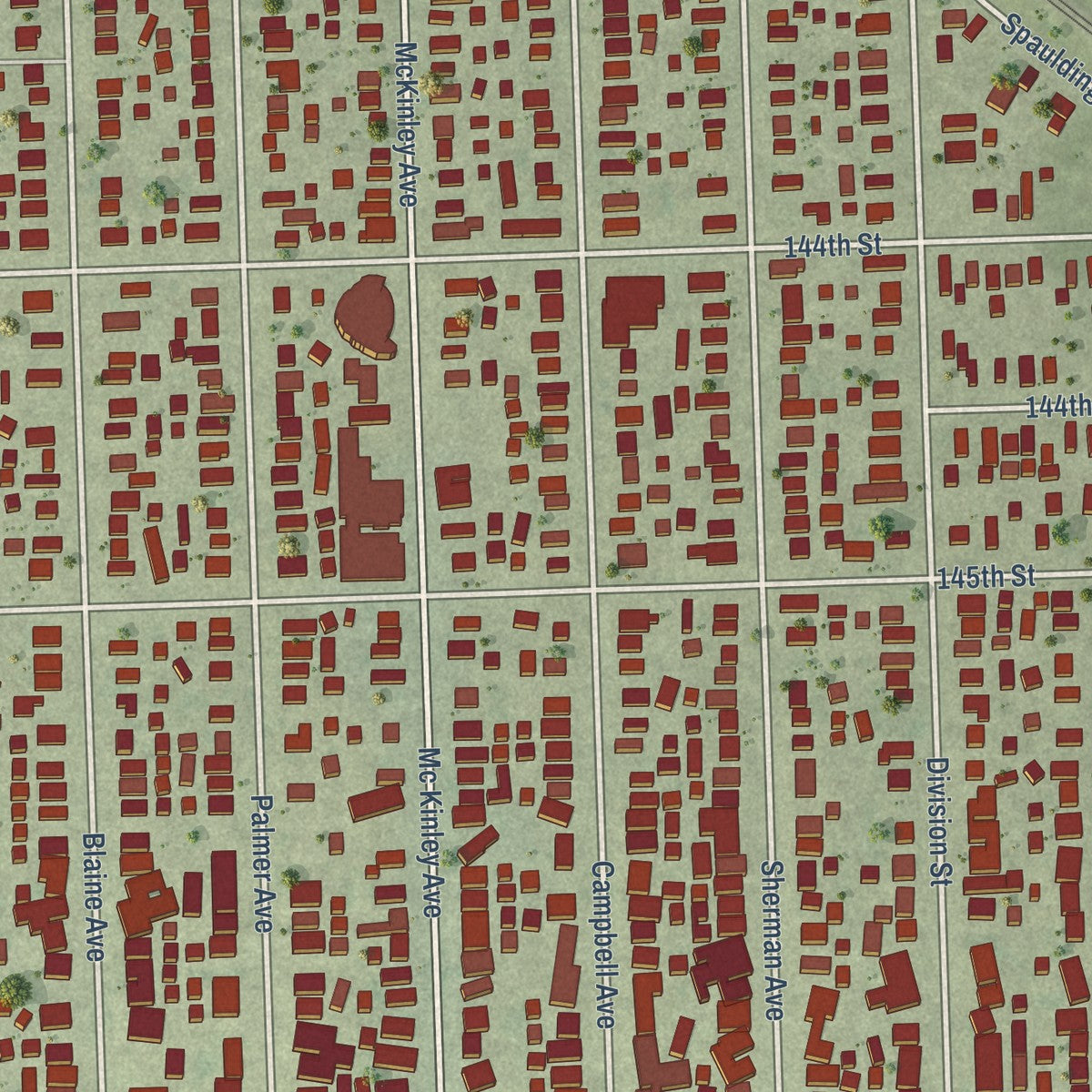 Close-up of the map of Posen, Illinois print showing street and building detail