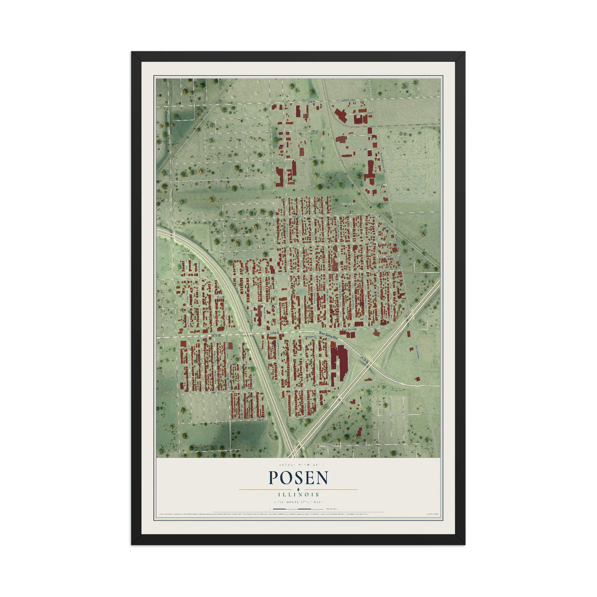 Map of Posen, Illinois, 12 x 18 inch print in a black wood frame