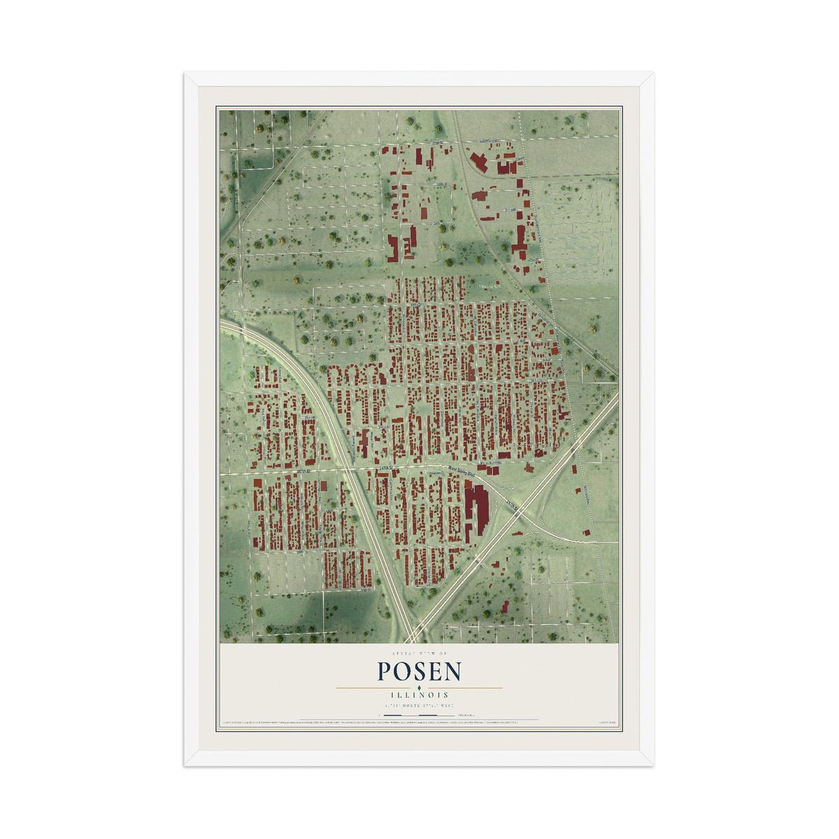 Map of Posen, Illinois, 12 x 18 inch print in a white wood frame