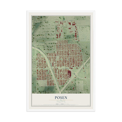 Map of Posen, Illinois, 12 x 18 inch print in a white wood frame