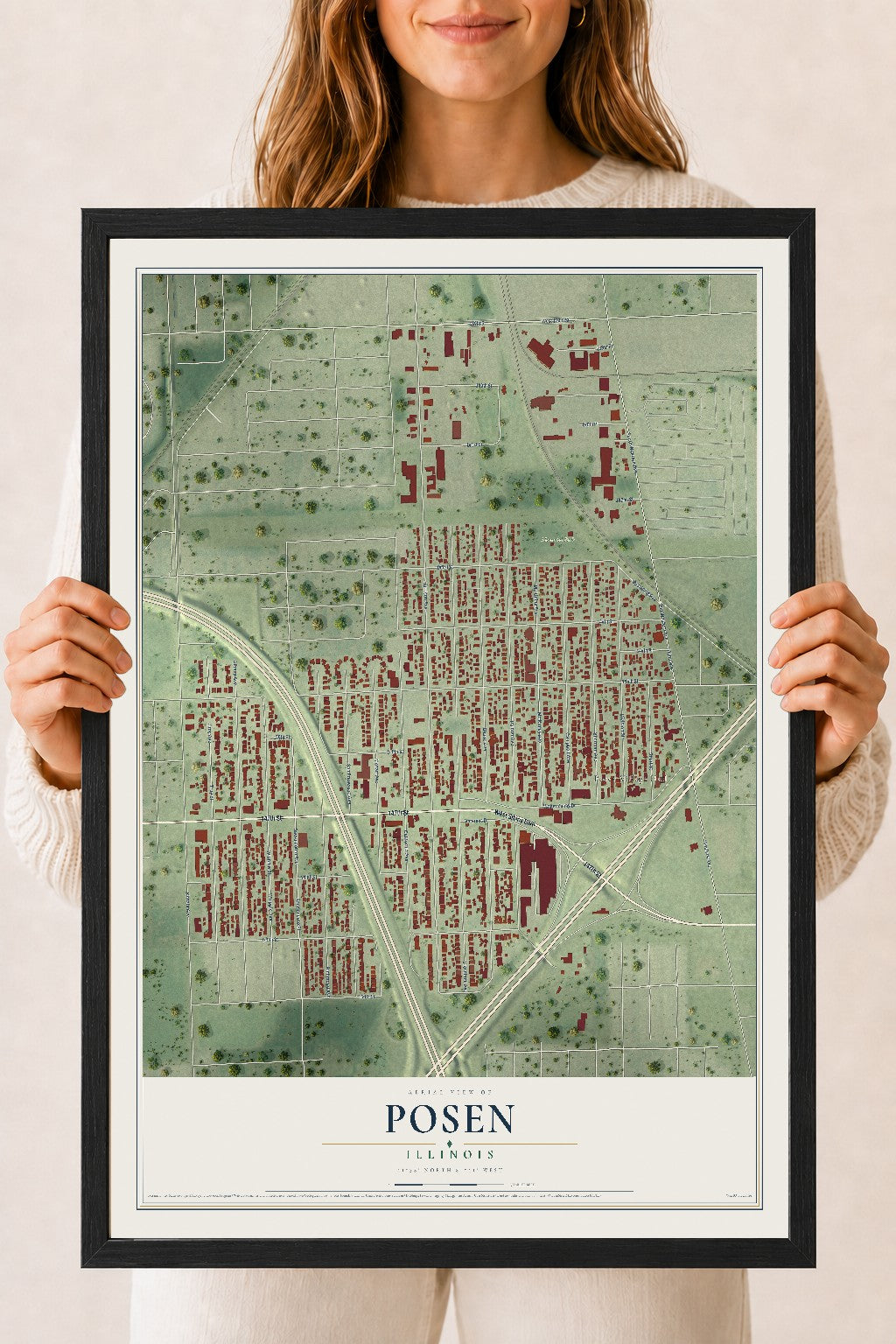 Map of Posen, Illinois, 18 x 24 inch print in a black wood frame