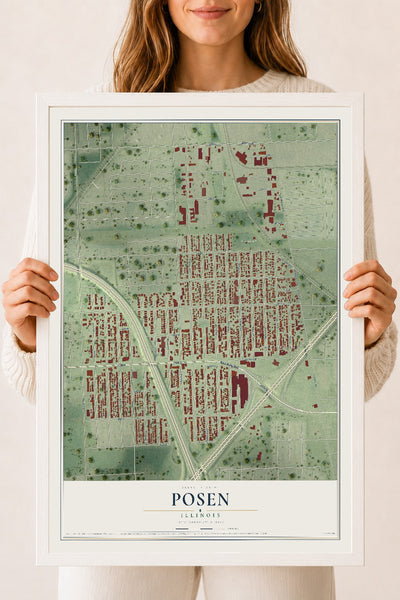 Map of Posen, Illinois, 18 x 24 inch print in a white wood frame