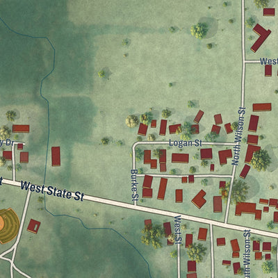 Second close-up of the map of Potomac, Illinois print showing more streets and buildings