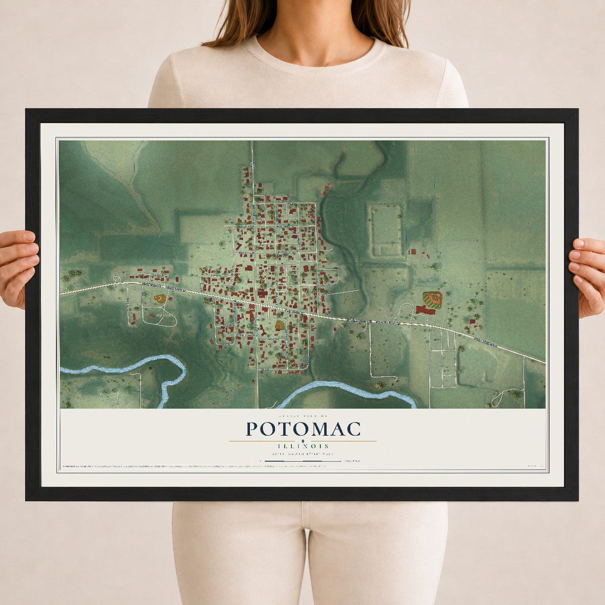 Map of Potomac, Illinois, 18 x 24 inch print in a black wood frame