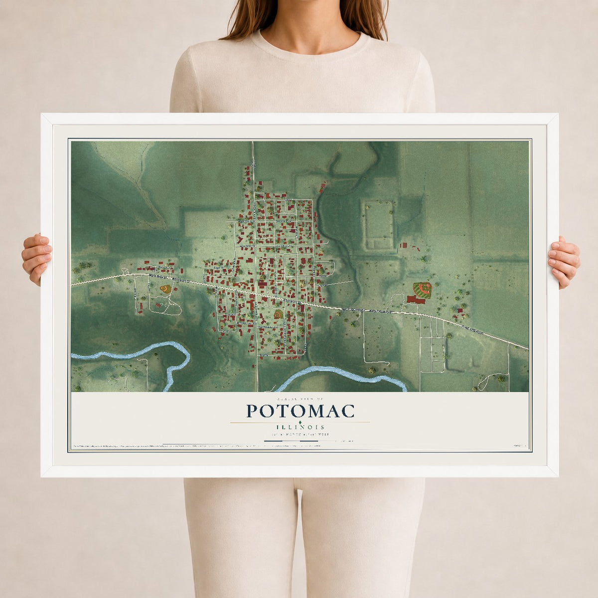 Map of Potomac, Illinois, 24 x 36 inch print in a white wood frame