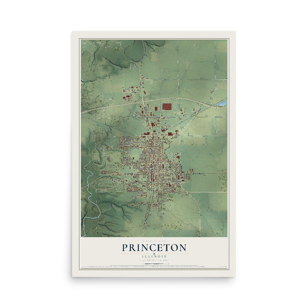 Map of Princeton, Illinois, 12 x 18 inch unframed archival matte print