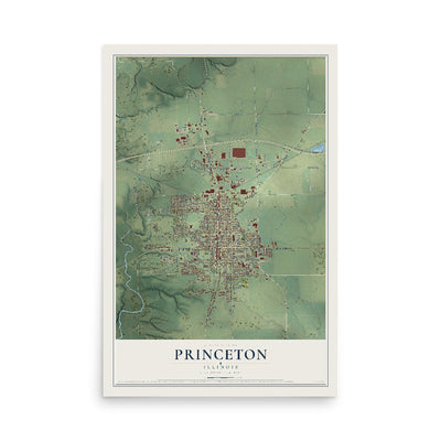 Map of Princeton, Illinois, 12 x 18 inch unframed archival matte print