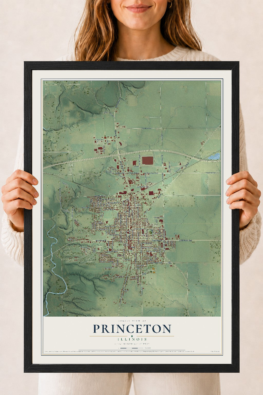 Map of Princeton, Illinois, 18 x 24 inch print in a black wood frame