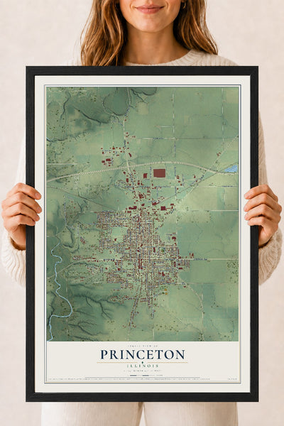 Map of Princeton, Illinois, 18 x 24 inch print in a black wood frame