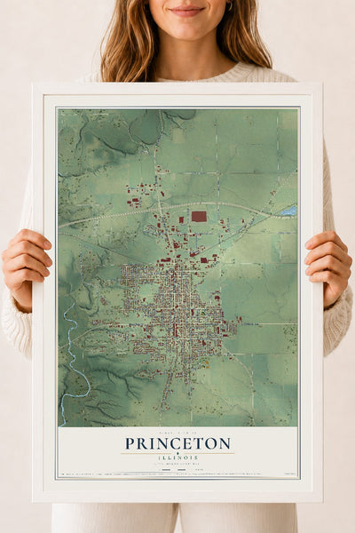 Map of Princeton, Illinois, 18 x 24 inch print in a white wood frame