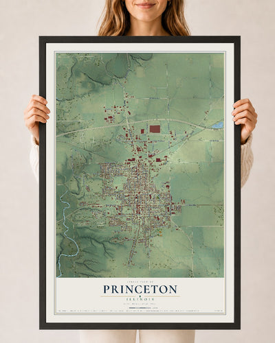 Map of Princeton, Illinois, 24 x 36 inch print in a black wood frame