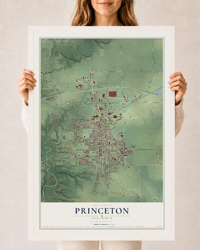 Map of Princeton, Illinois, 24 x 36 inch print in a white wood frame