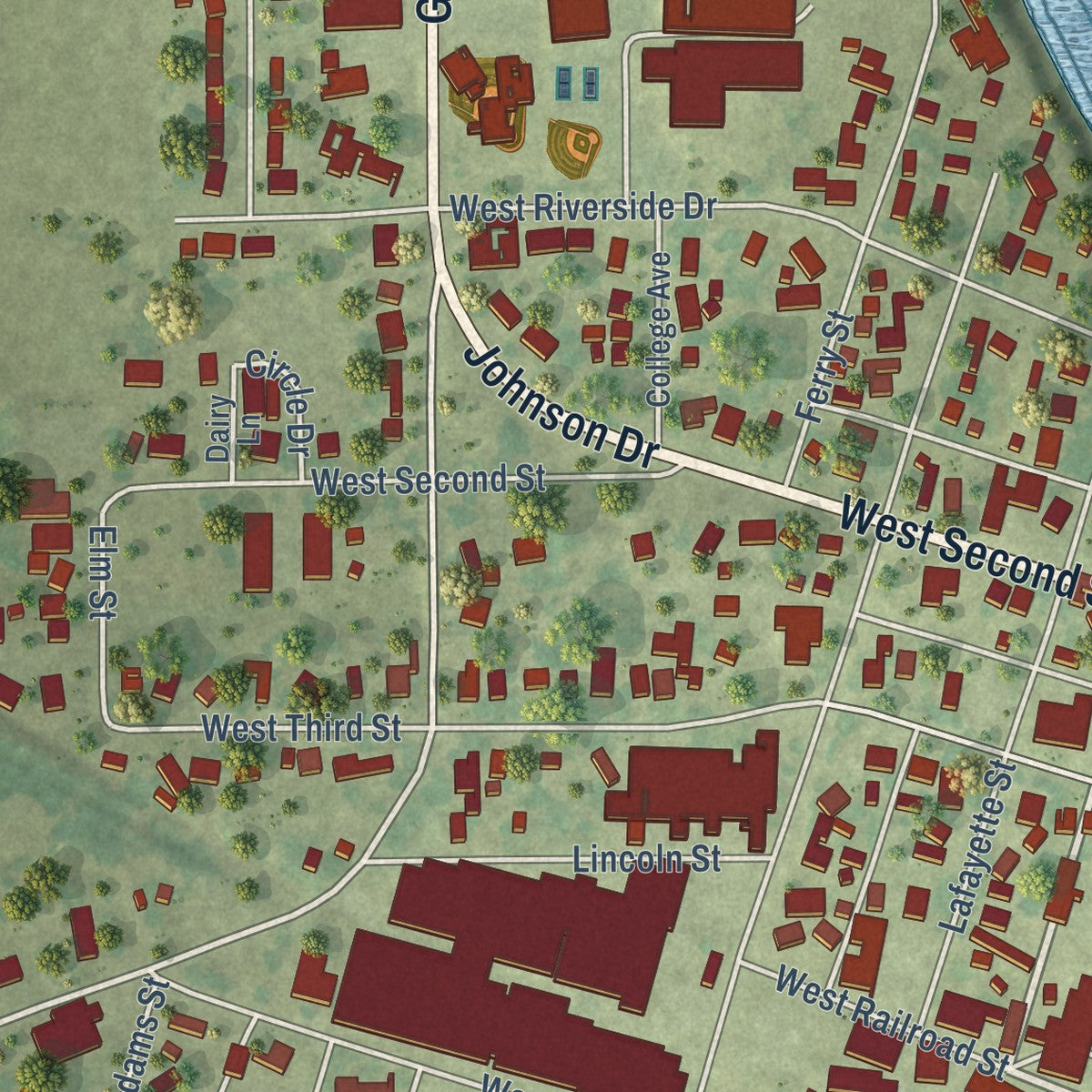 Close-up of the map of Prophetstown, Illinois print showing street and building detail