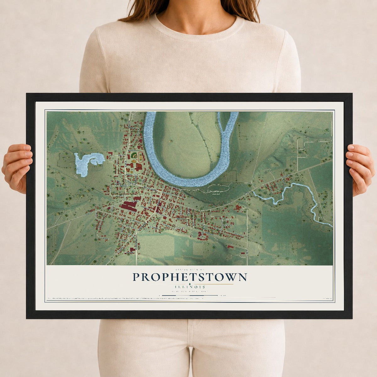 Map of Prophetstown, Illinois, 12 x 18 inch print in a black wood frame