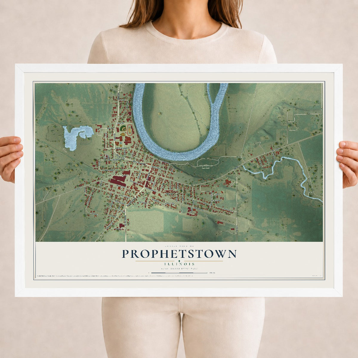 Map of Prophetstown, Illinois, 18 x 24 inch print in a white wood frame
