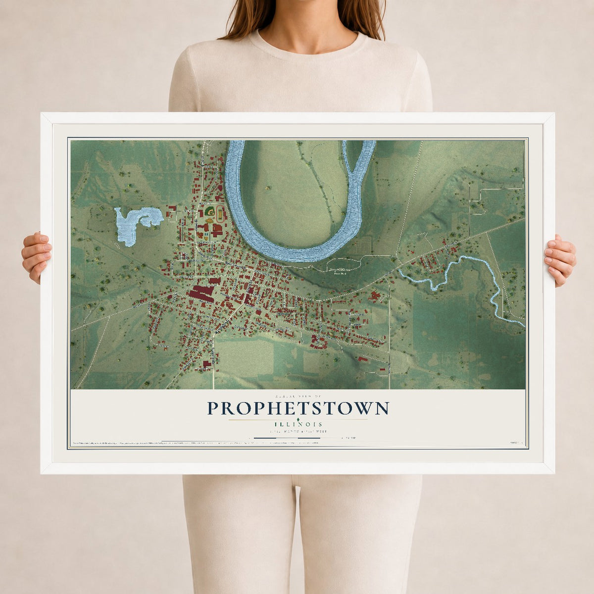 Map of Prophetstown, Illinois, 24 x 36 inch print in a white wood frame