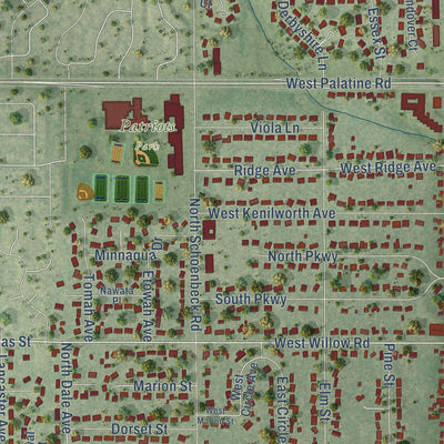 Close-up of the map of Prospect Heights, Illinois print showing street and building detail