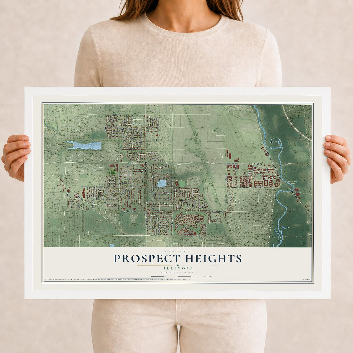 Map of Prospect Heights, Illinois, 12 x 18 inch print in a white wood frame