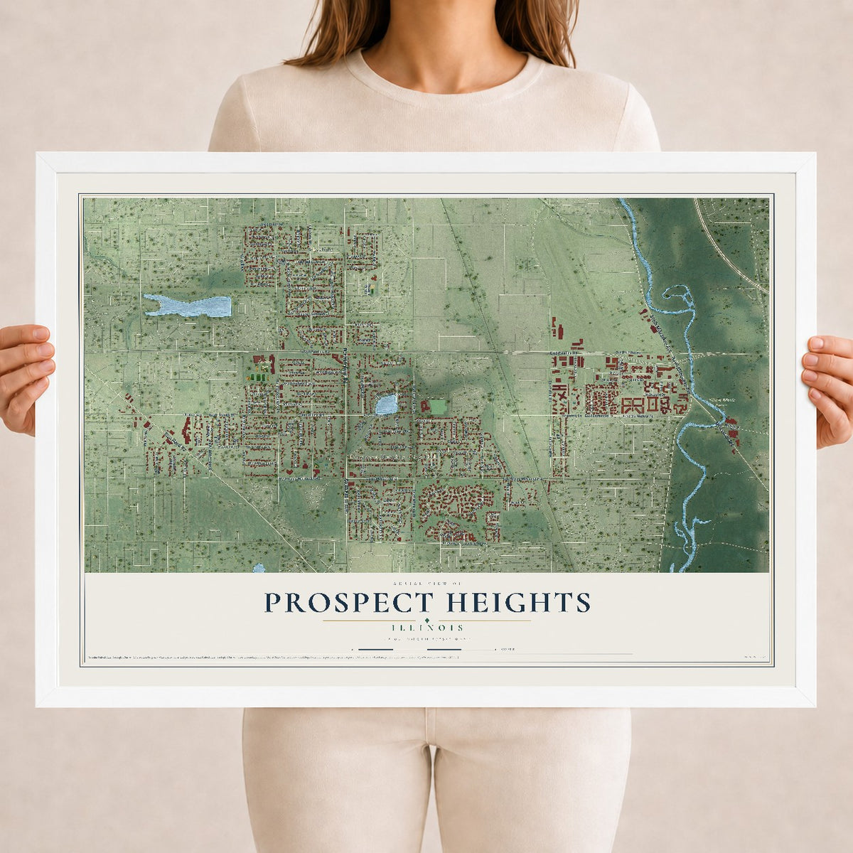 Map of Prospect Heights, Illinois, 18 x 24 inch print in a white wood frame