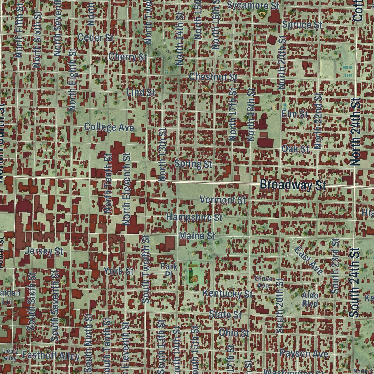 Close-up of the map of Quincy, Illinois print showing street and building detail