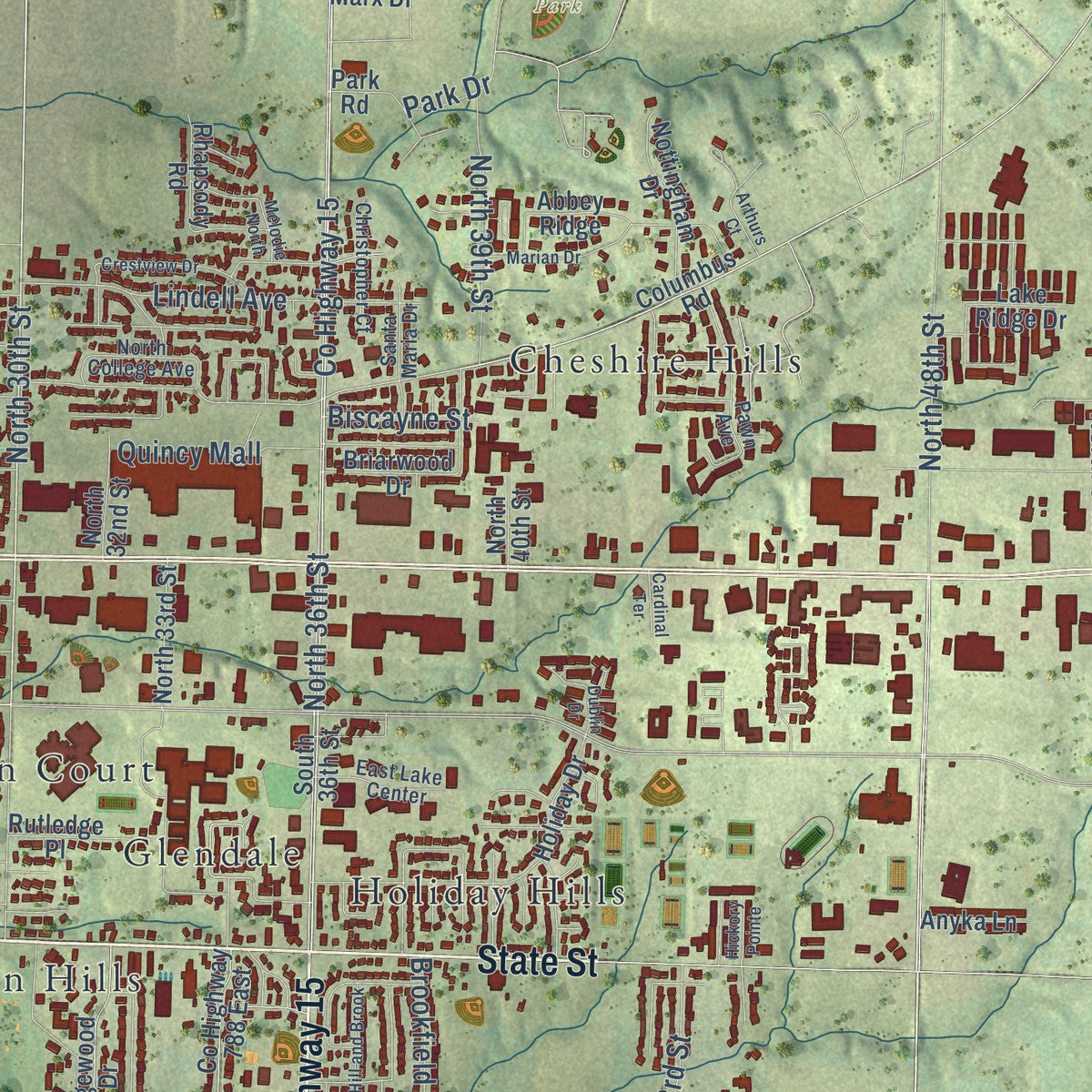 Second close-up of the map of Quincy, Illinois print showing more streets and buildings