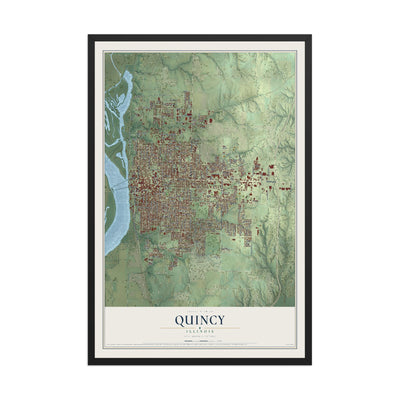 Map of Quincy, Illinois, 12 x 18 inch print in a black wood frame